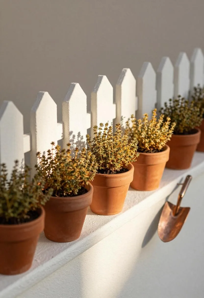 Amber terracotta pocket planters mounted on a whitewashed fence holding golden herbs in warm morning light