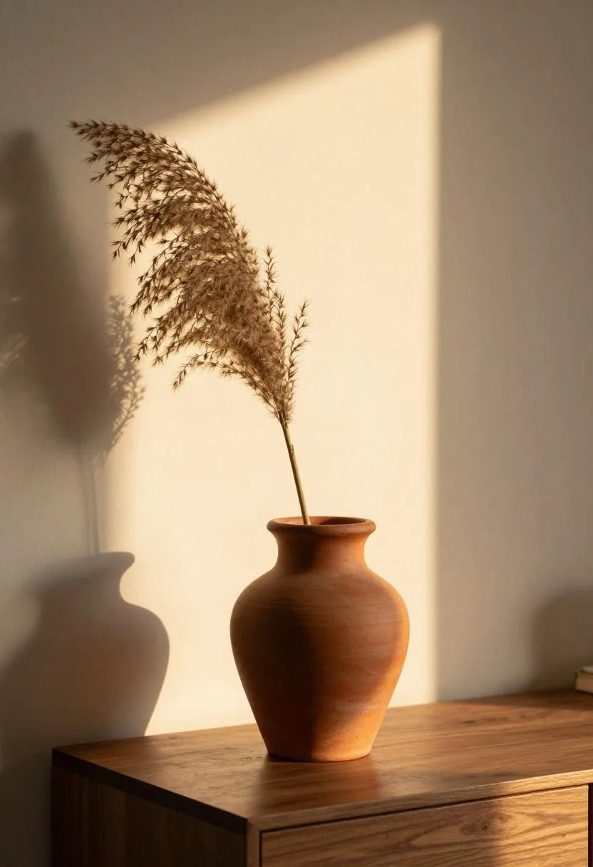 Terracotta pot with dried pampas grass on a walnut desk in golden hour light in a Japandi office