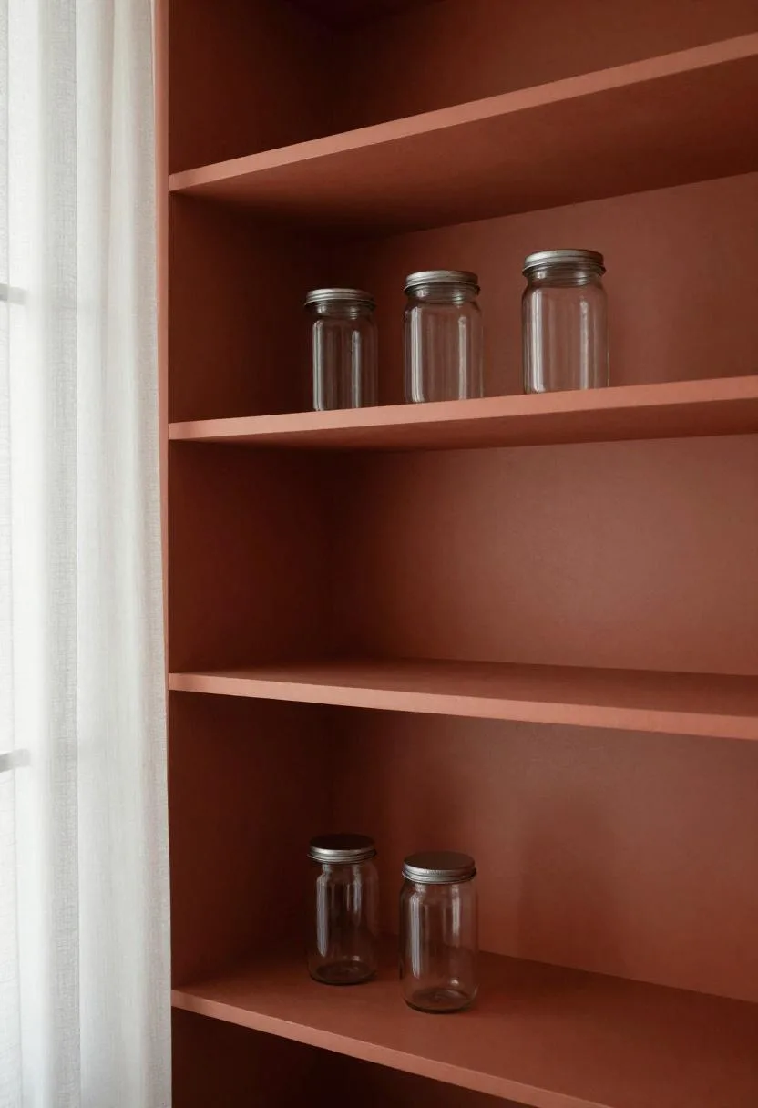 Terracotta red open pantry shelving with organized glass jars and a soft linen curtain