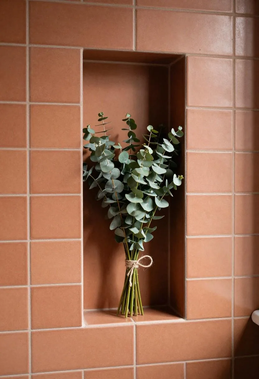 Shower niche in terracotta subway tile with a hanging eucalyptus bundle tied in jute in a bohemian bathroom