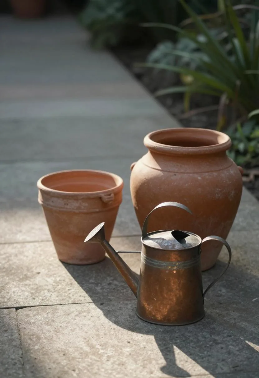 Grouped terracotta urns and a copper watering can beside a stone garden path in warm morning light