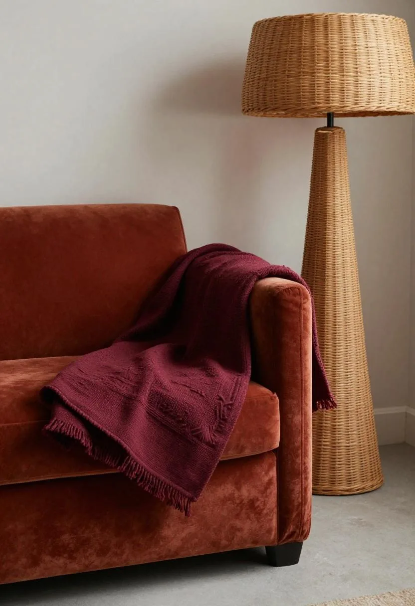 Terracotta velvet armchair with a dark mudcloth blanket draped over it beside a tall rattan floor lamp