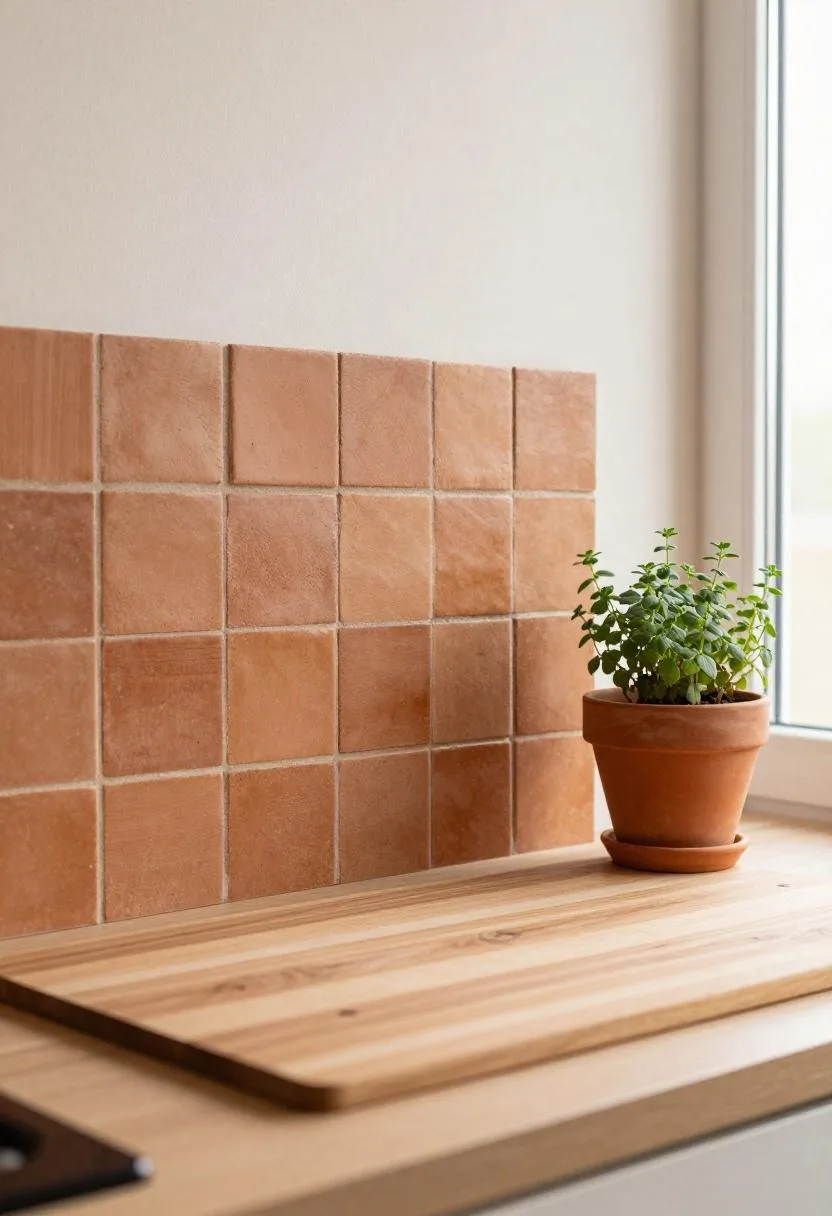Warm terracotta zellige backsplash above oak butcher block counter with potted herb in a kitchen
