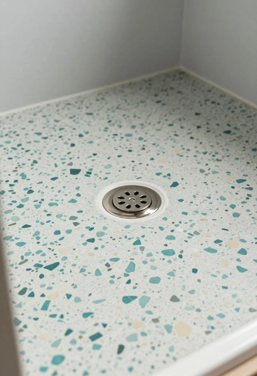 Terrazzo shower floor tile in muted teal and cream with flecks of aggregate and a polished nickel drain cover
