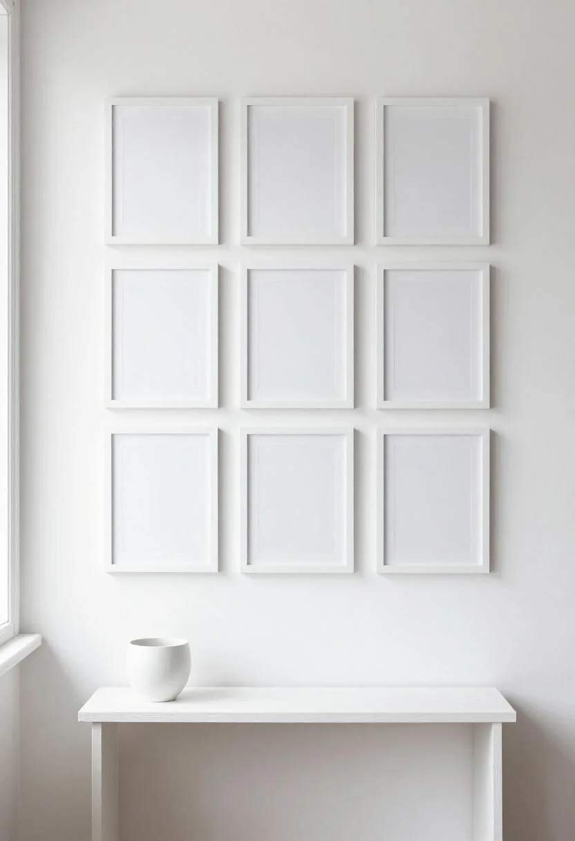 Perfect three-by-three white grid gallery above a white oak console