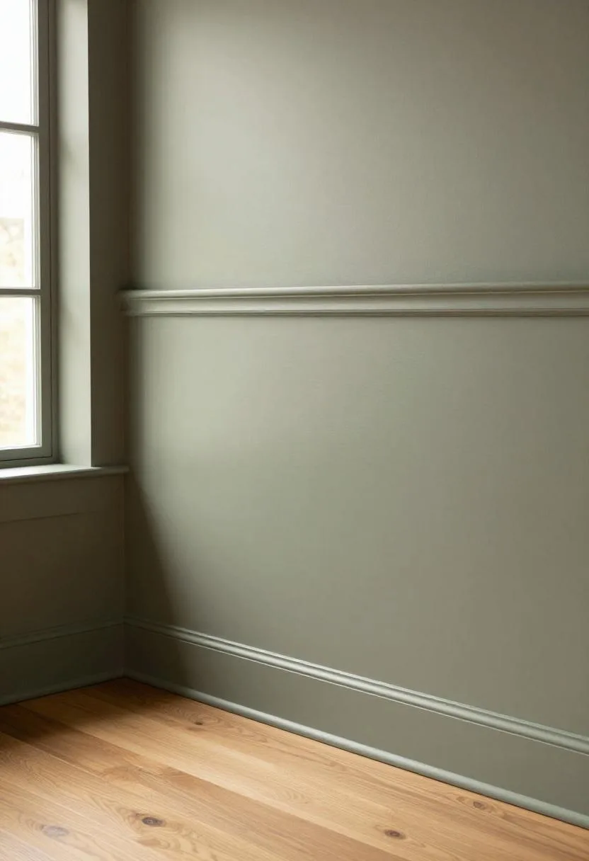 Three-piece craftsman baseboard assembly in taupe Douglas fir giving a dining room architectural character beneath sage board-and-batten walls