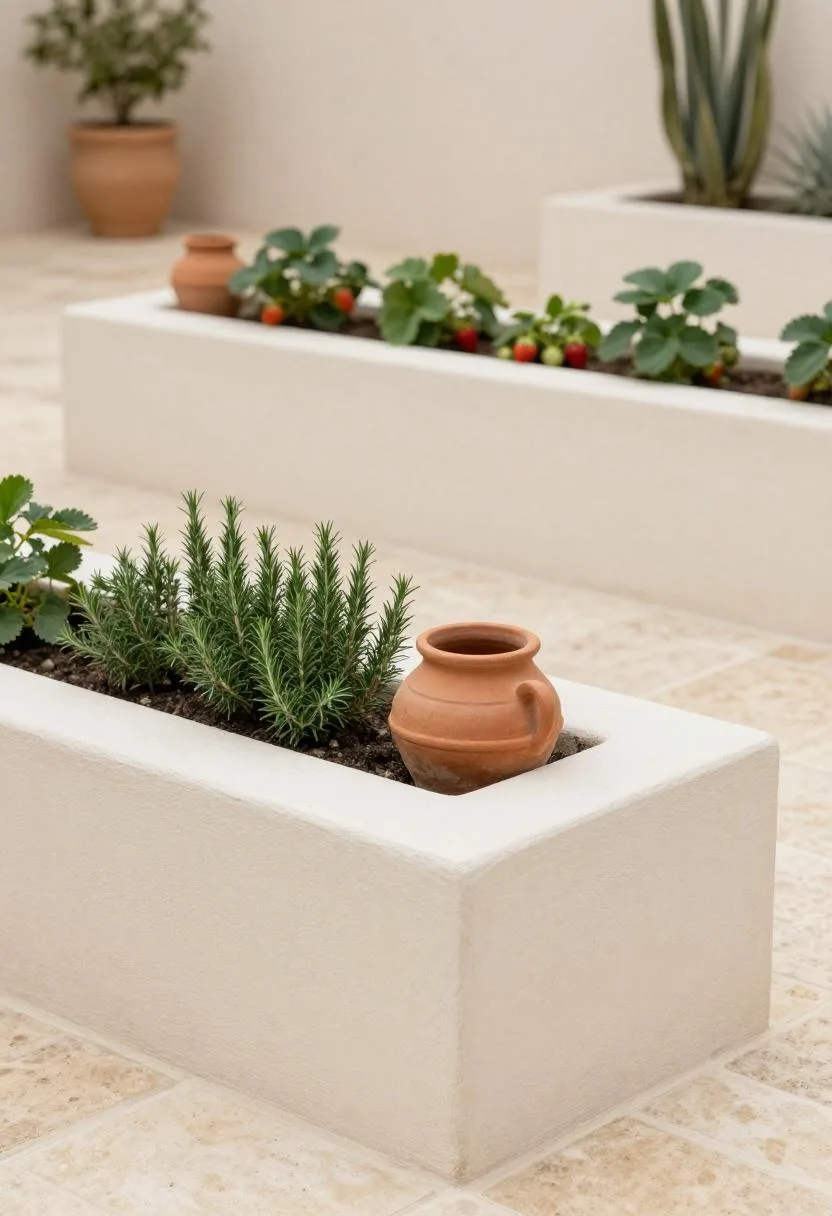 Tiered whitewashed raised bed with strawberries and rosemary on a Mediterranean stone patio