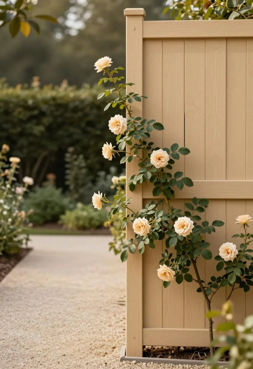 A beige timber trellis covered in climbing roses creating a romantic garden privacy screen along a path