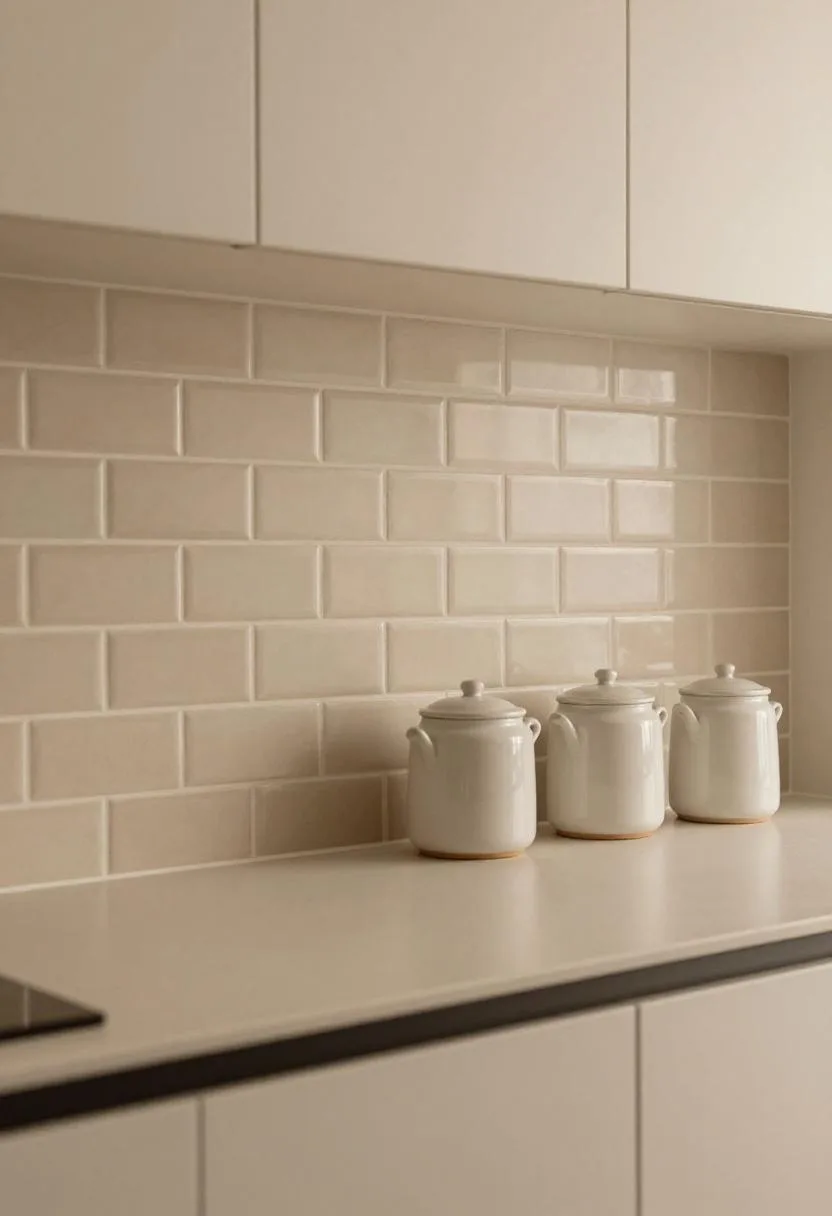 Transitional kitchen counter with beige tile backsplash and a matched ceramic canister set
