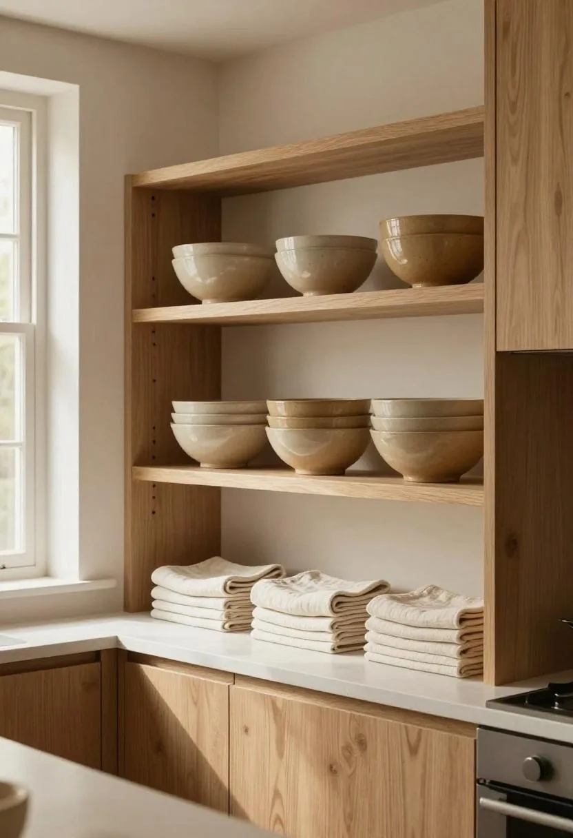 Transitional maple open shelves with tan ceramics and folded linen towels replacing upper cabinets