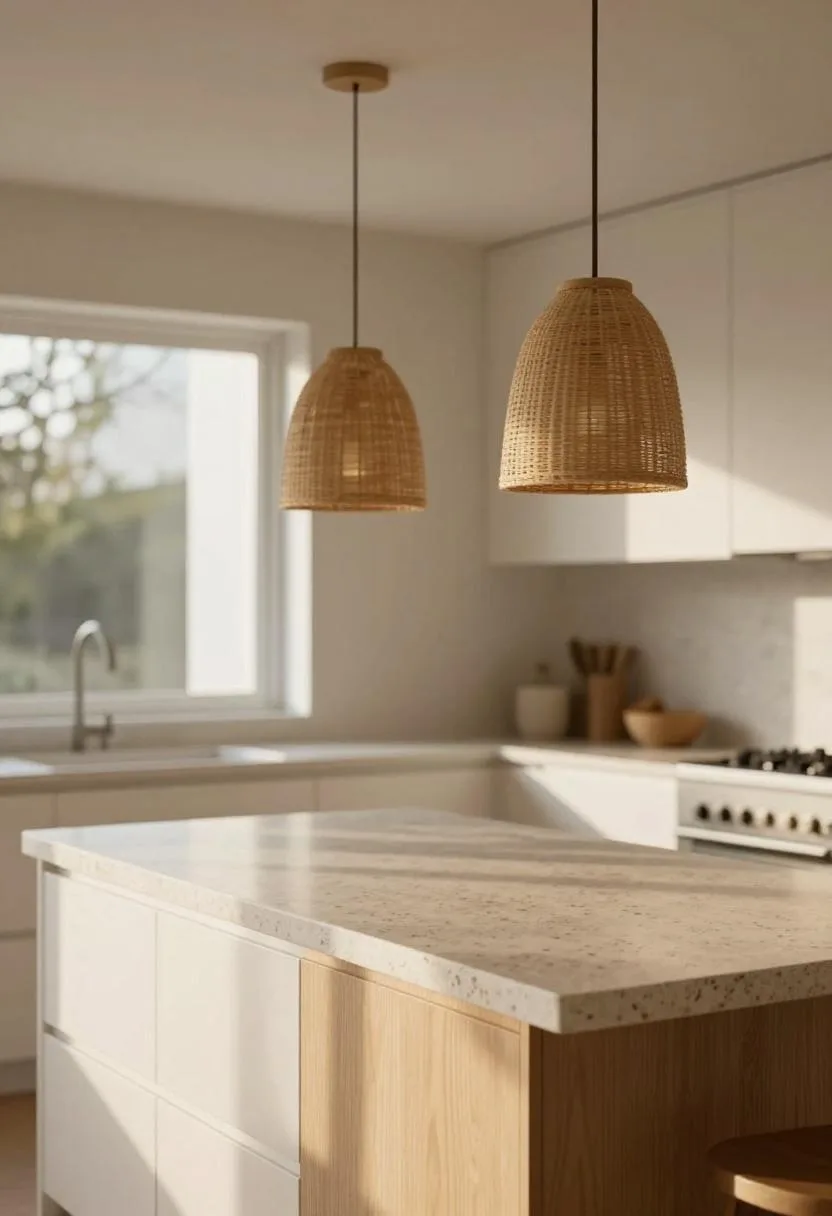 Transitional tan quartz island beneath paired rattan pendant lamps