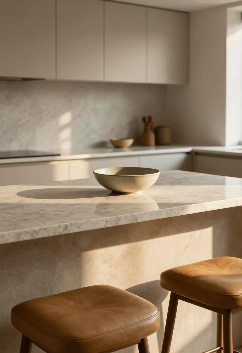 Transitional waterfall quartz island with tan leather stools and ceramic bowl