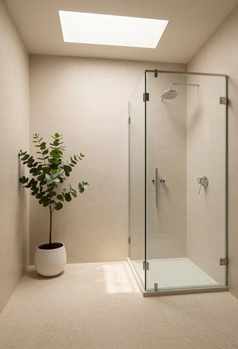 Travertine bathroom walls with a glass shower enclosure and a potted eucalyptus plant bathed in golden afternoon light
