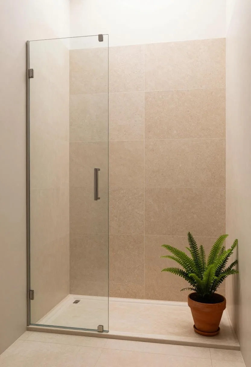 Travertine walk-in shower with frameless glass walls and a potted fern placed in the corner just outside