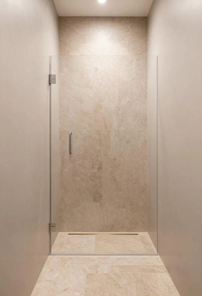 Tan travertine tile walk-in shower with a brass linear drain in overcast light