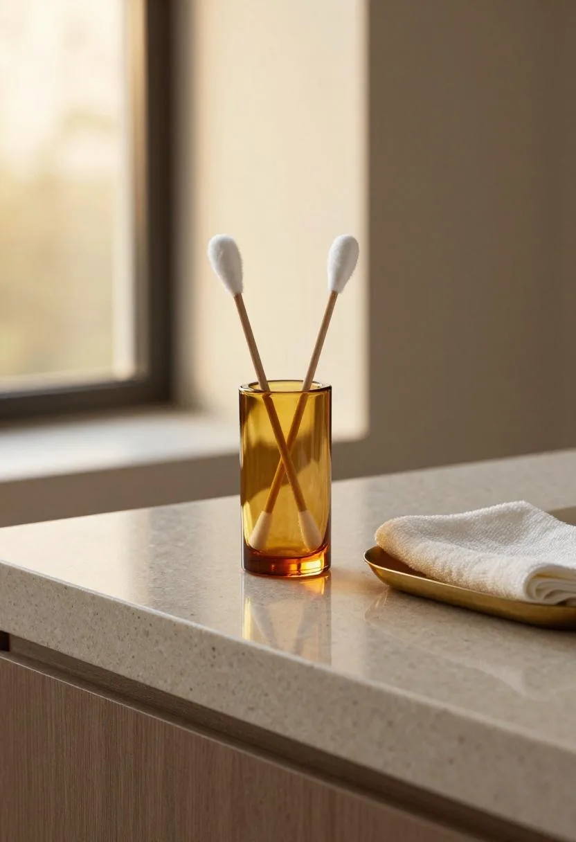 Travertine vanity surface with amber glass organizer and brass tray in golden afternoon light