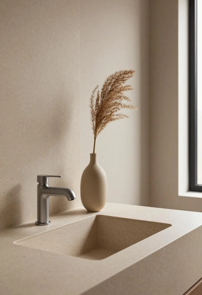 Travertine vanity wall with ceramic bud vase and dried pampas stem in warm afternoon light
