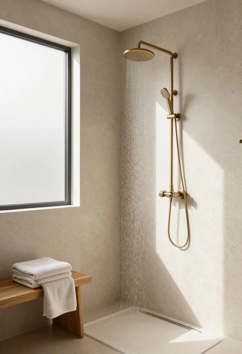 Interior design - travertine walk in shower brass rainfall showerhead