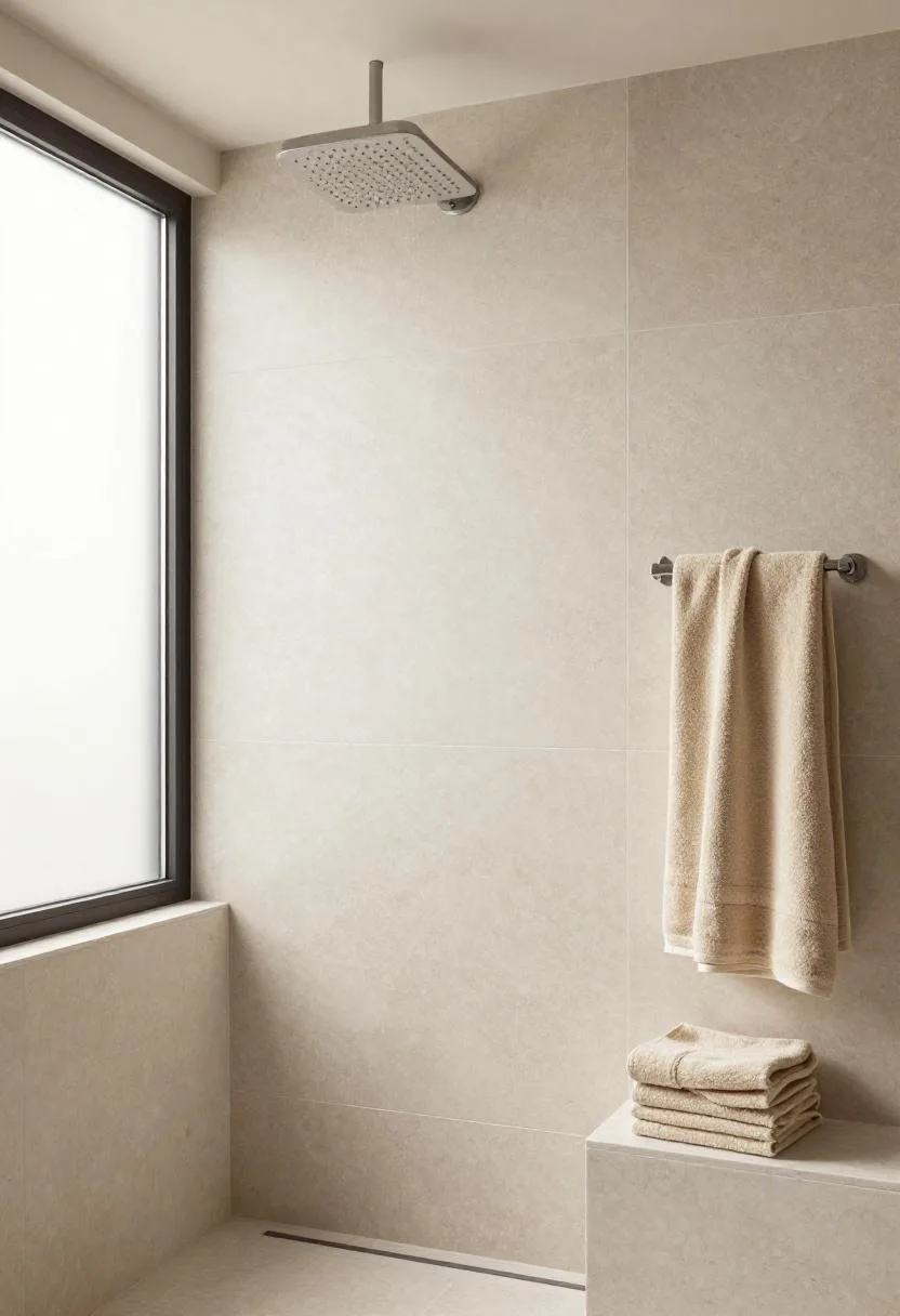 Interior design - travertine walk in shower rainfall head beige towels