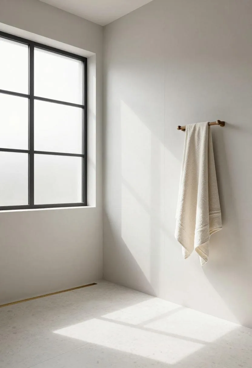 Interior design - travertine wet room brass linear drain morning light