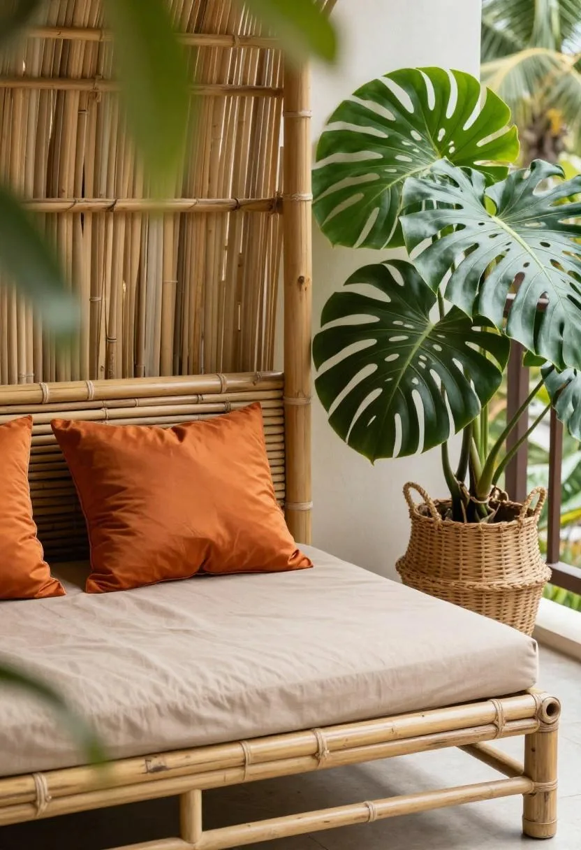 Bamboo daybed with a burnt orange silk bolster under a palm canopy beside a monstera on a tropical balcony