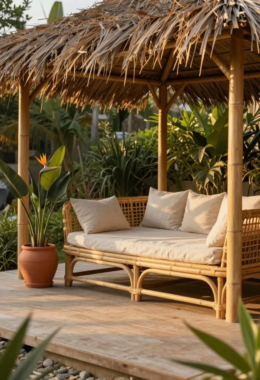 Tropical bamboo pergola with sand-linen rattan daybed and bird of paradise in warm golden hour light