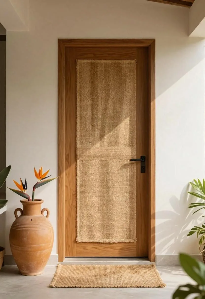 Tropical cottage entry with a jute mat and a tan ceramic bird of paradise urn placed beside the column