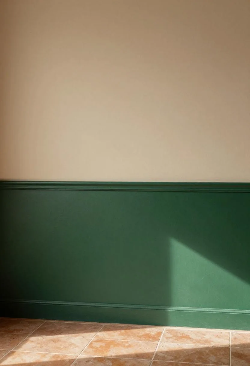 Two-tone baseboard with a jade lower section and greige cap rail creating striking architectural definition along the floor line
