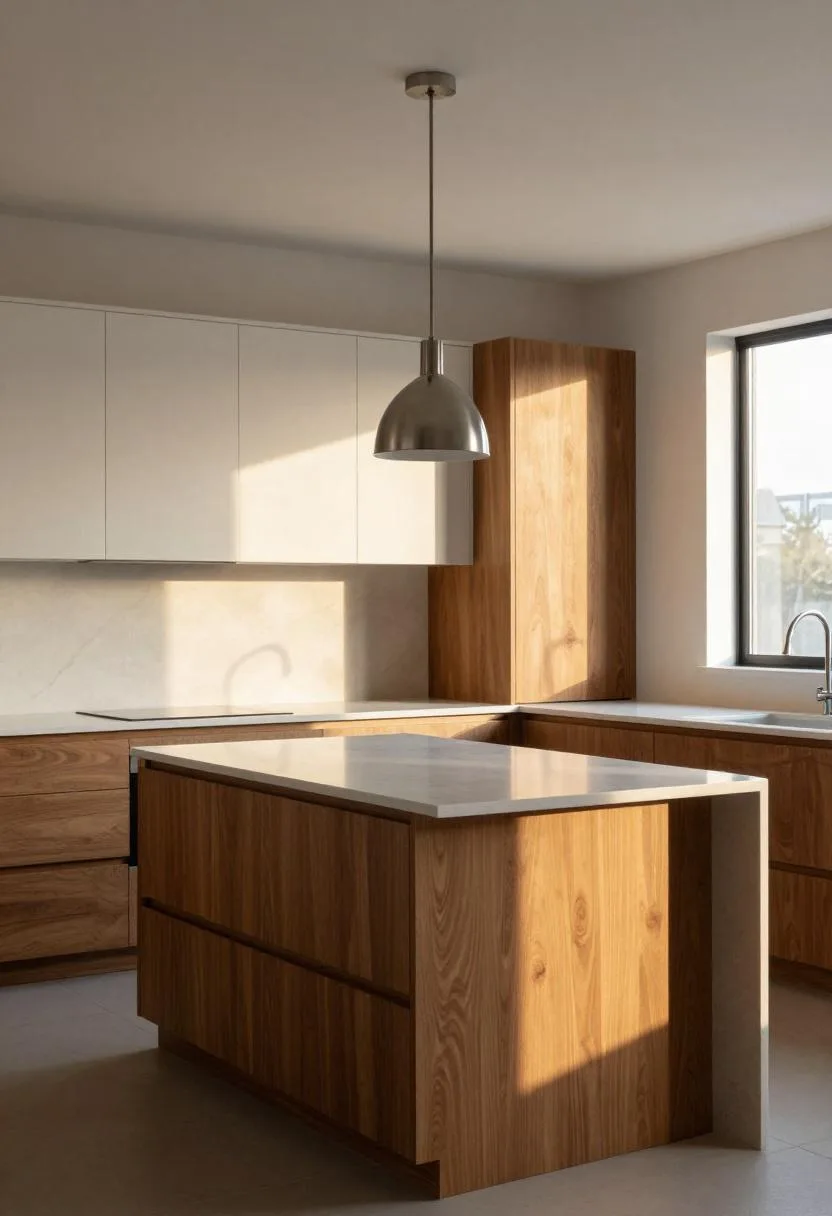 Two-tone transitional kitchen with warm walnut lower cabinets and a quartz waterfall-edge island