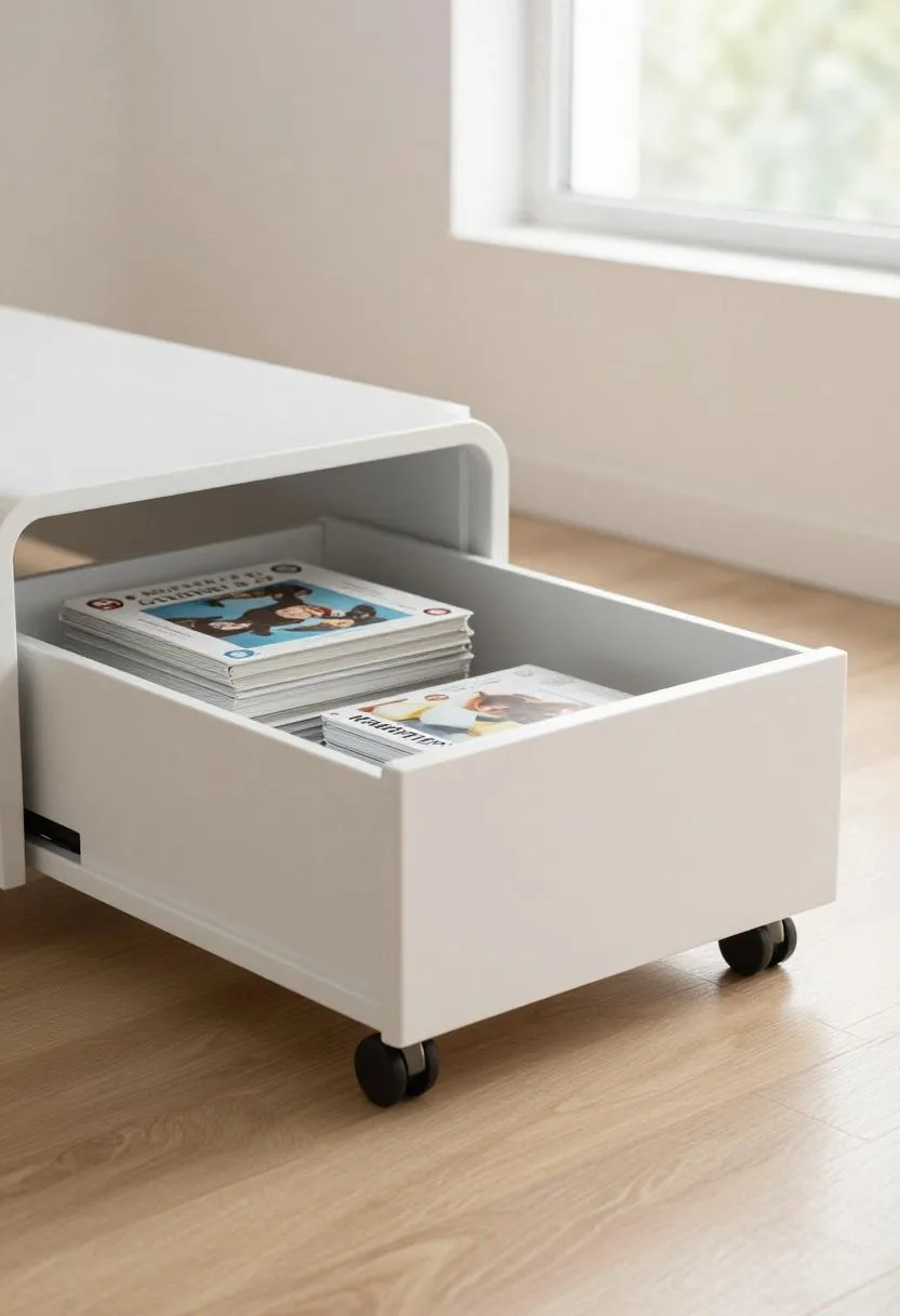Under-bed white pull-out drawer with flat-stacked board games for easy access