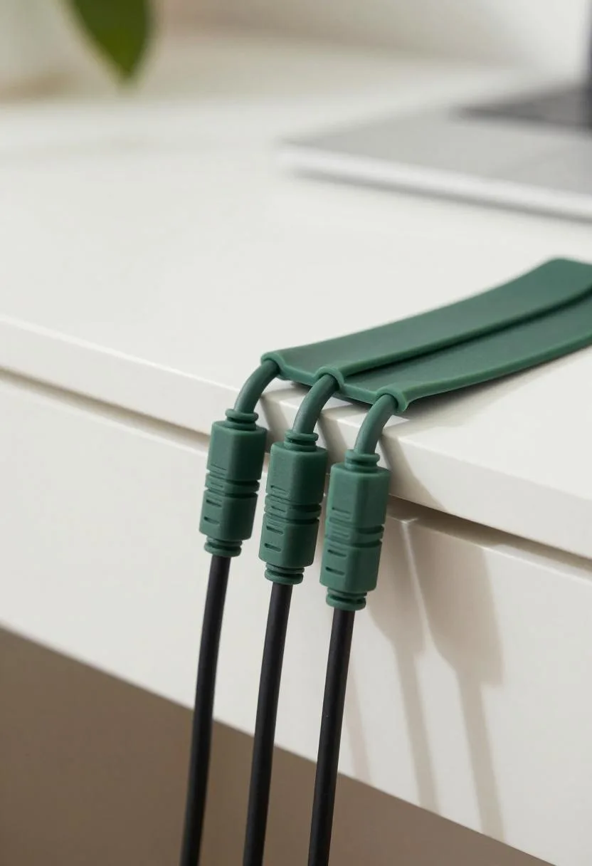 Under-desk cable management strip in forest green holding looped charging cables neatly out of sight