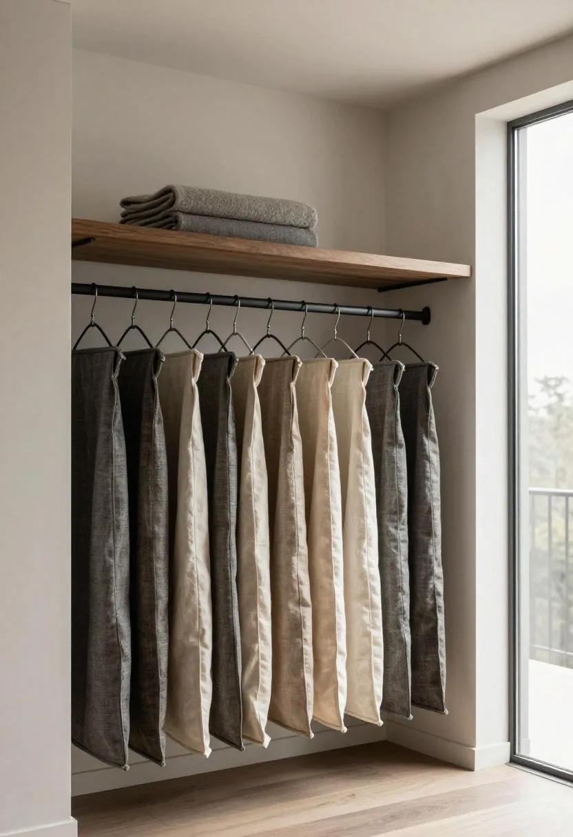 Converted under-stair closet with matte black rod, linen garment bags, and a walnut shelf along the back wall