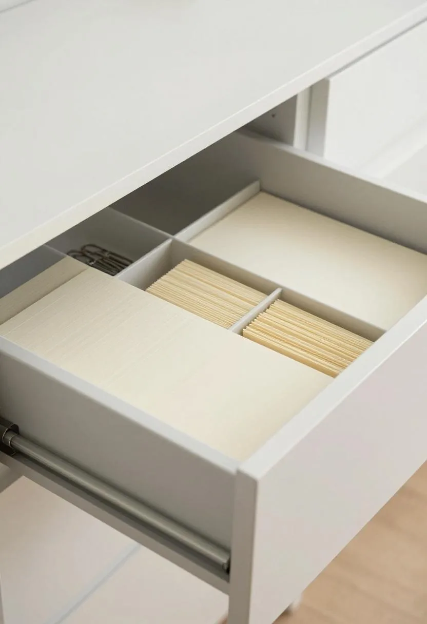 Overhead view of an open under-stair pull-out drawer with a flat grid organizer holding pens and office supplies