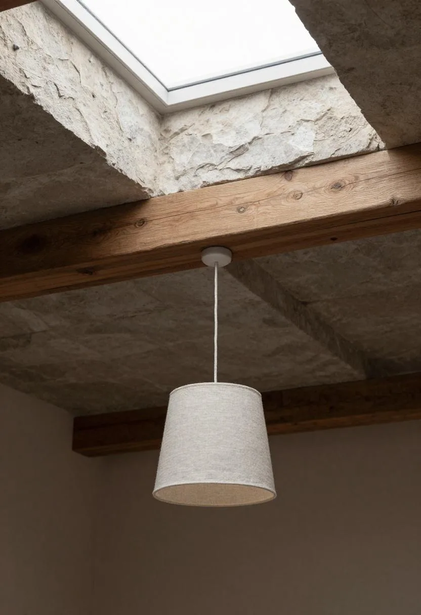 Vaulted stone gray limestone ceiling with oak timber beams and a hanging linen pendant lamp