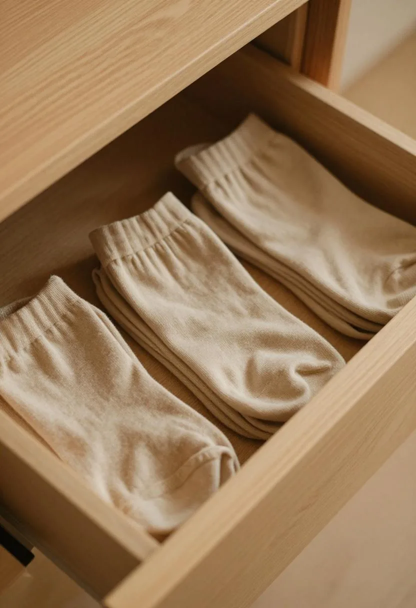 Velvet-lined oak drawer with color-sorted socks arranged neatly in warm beige tones