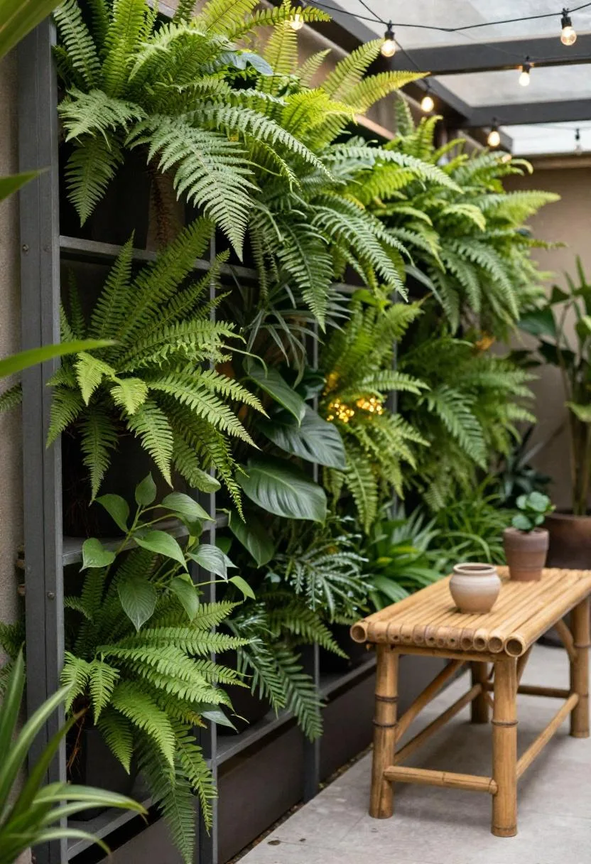 A lush vertical fern wall and warm string lights transforming a backyard boundary into a tropical retreat