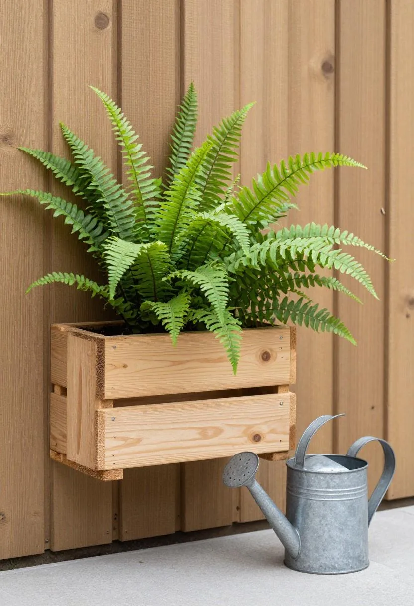 Vertical pallet planter with cascading ferns mounted on a cedar fence under soft overcast light
