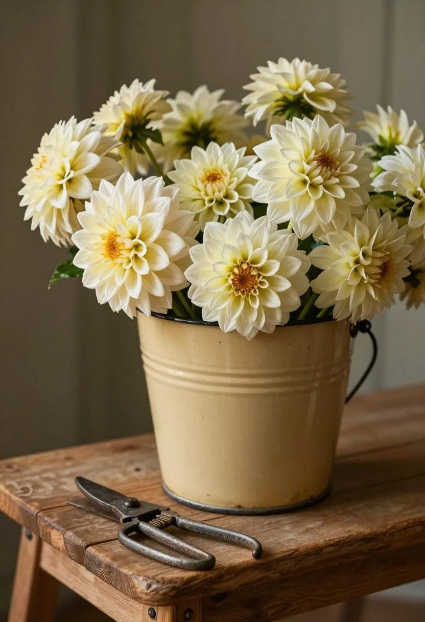 Vintage enamel bucket of dahlias and iron pruning shears on a wooden potting bench in morning light