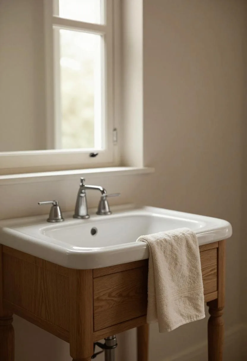 Vintage oak washstand with a ceramic drop-in sink and caramel linen towel in warm afternoon light