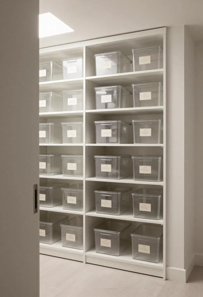 Interior design - walk in pantry floor ceiling shelves labeled bins