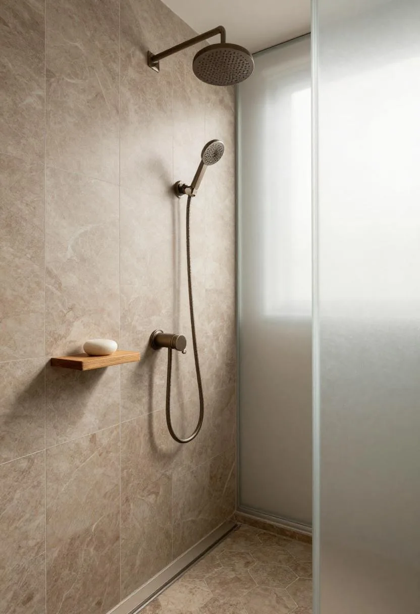 Walk-in shower with chocolate marble tiles, teak shelf, and bronze rainfall showerhead