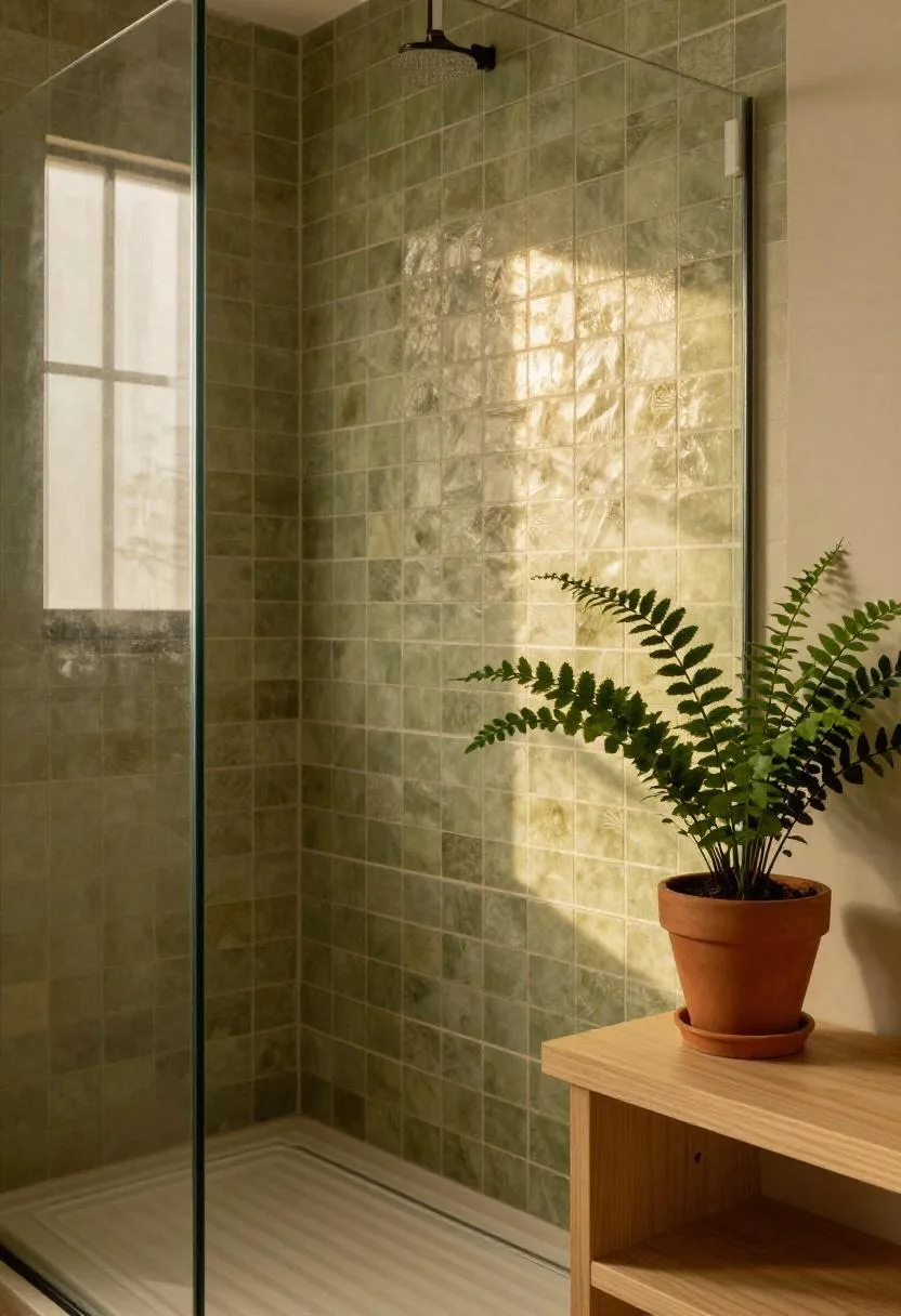Walk-in shower with olive green zellige tiles and a potted fern on a teak shelf in a bohemian bathroom