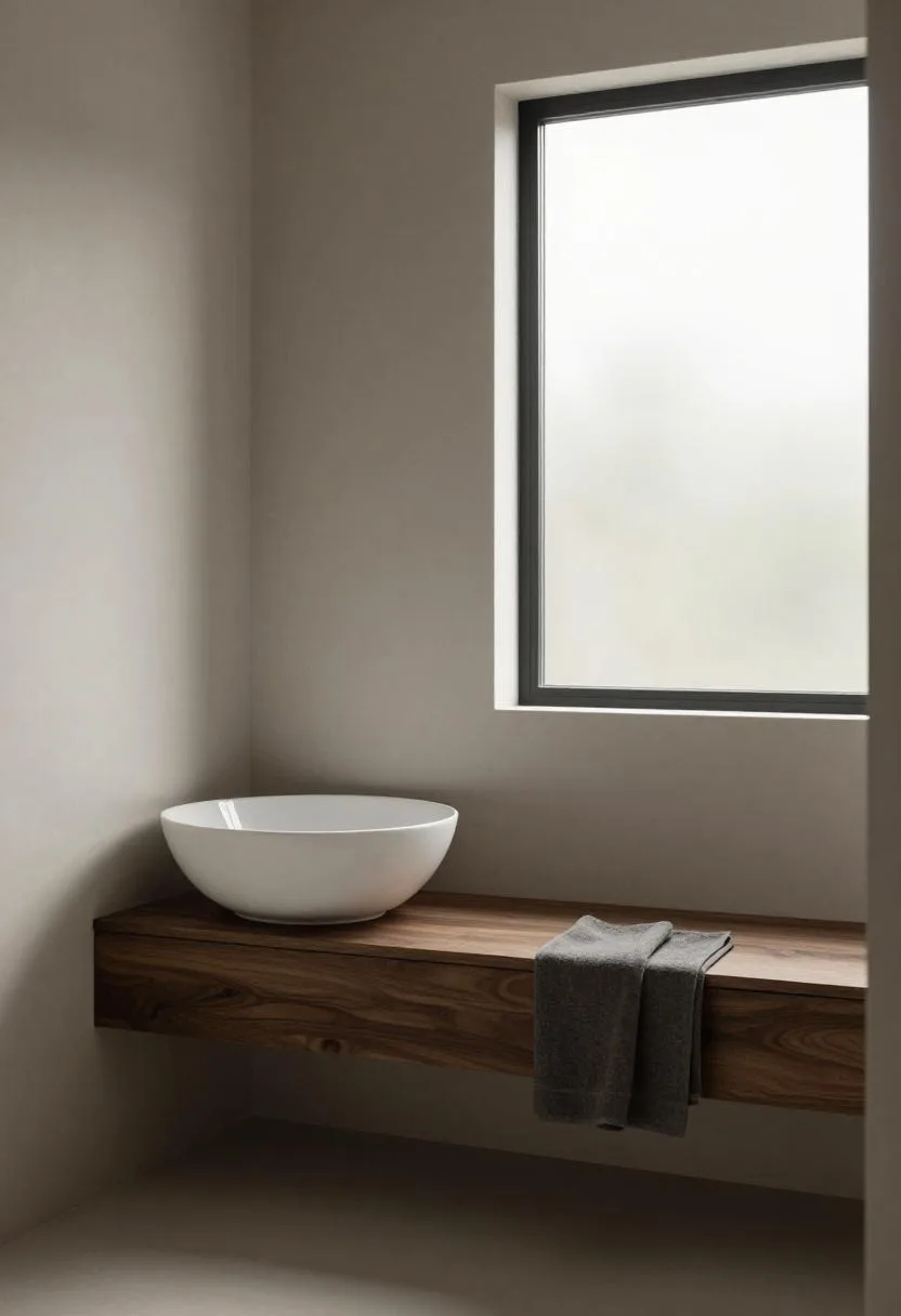 Wall-hung ceramic basin with a dark walnut floating shelf beneath it keeping the bathroom floor completely clear and easy to clean