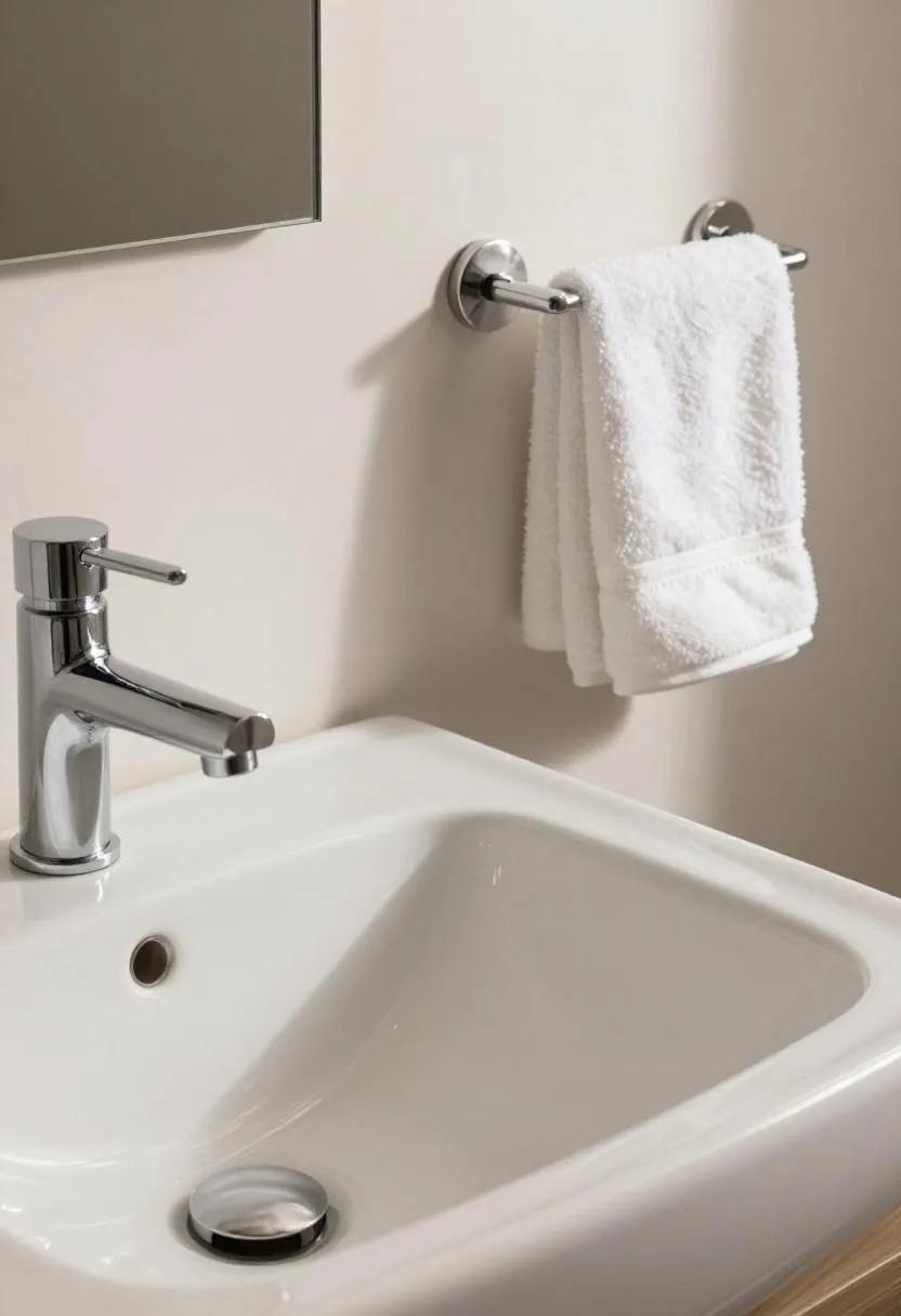 Wall-hung porcelain sink with a gooseneck chrome faucet and ivory linen hand towel