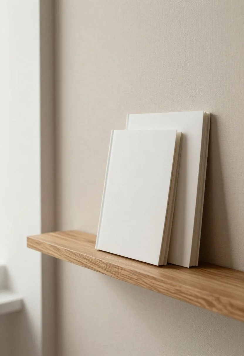 Wall-mounted ash shelf with stacked washi notebooks against a linen wall panel in a Japandi office