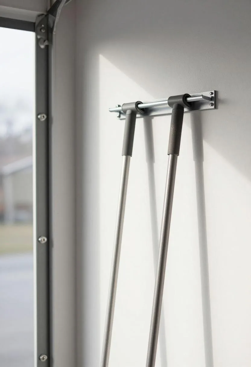 Wall-mounted steel rack keeping garden tools upright and accessible along the garage wall