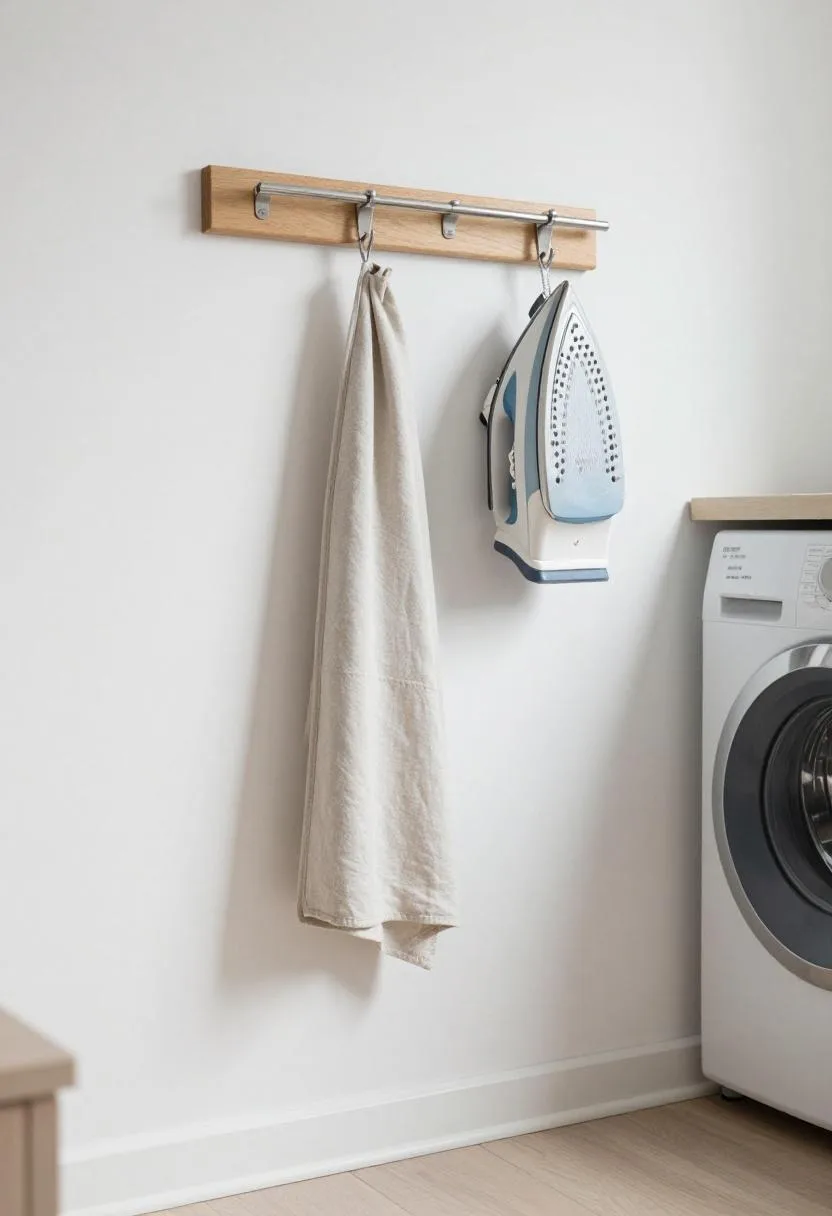 Wall-mounted steel ironing board folded flat with a linen rest pad in a modern laundry room