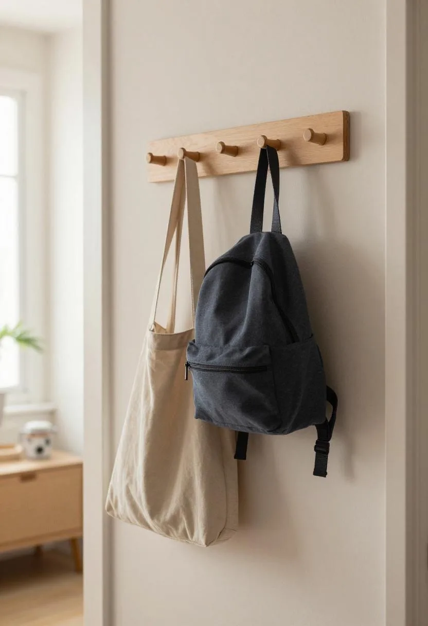 Two-height wall peg rack with a backpack and mint canvas tote at a kids' entryway