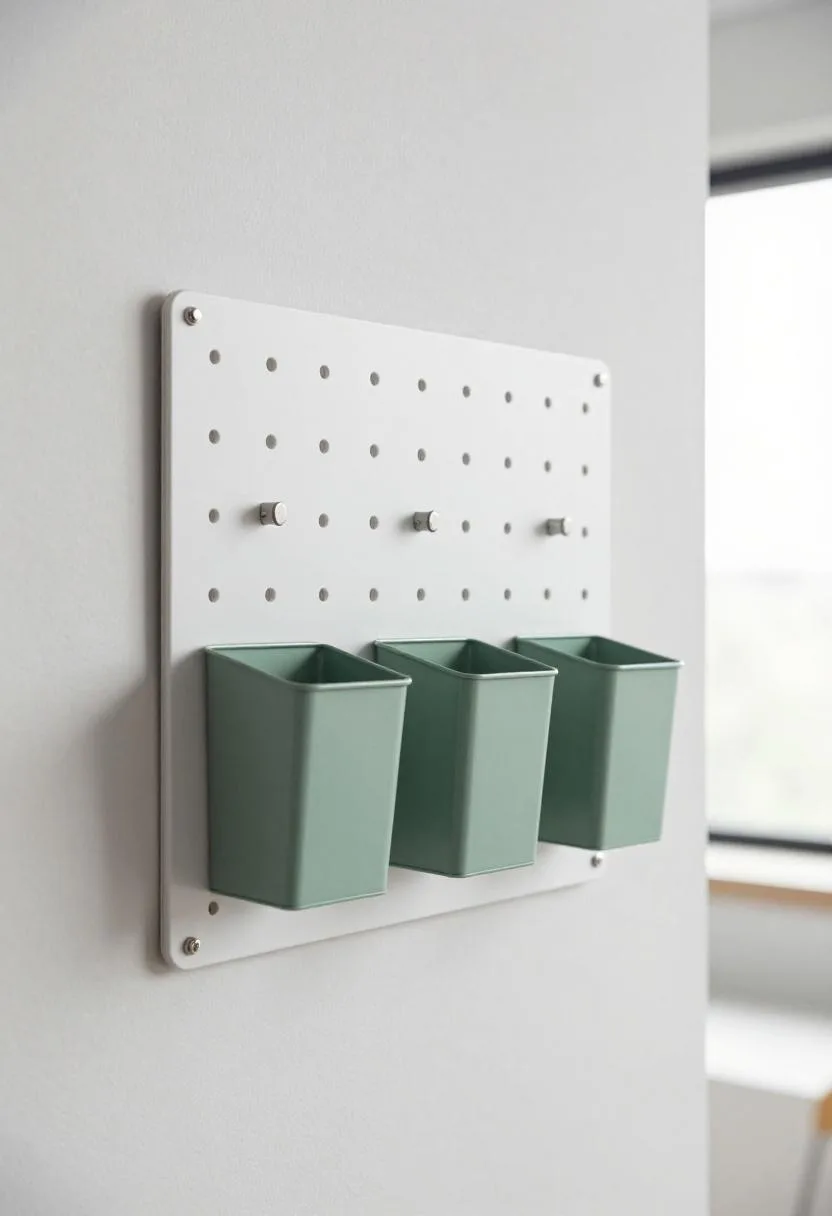 Wall-mounted pegboard with sage green metal bins holding organized office supplies