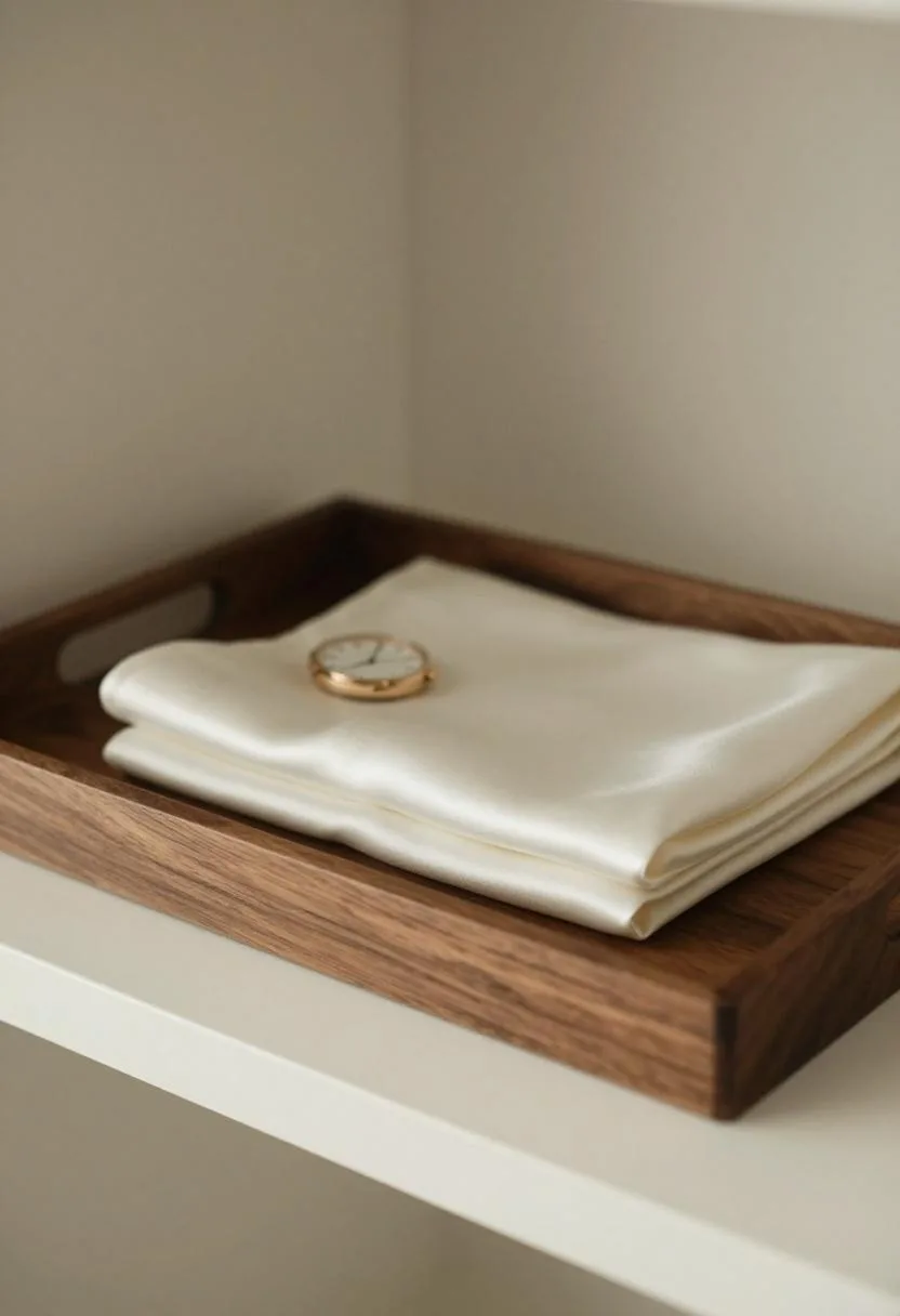 Walnut wood accessory valet tray holding two watches and a folded off-white silk pocket square